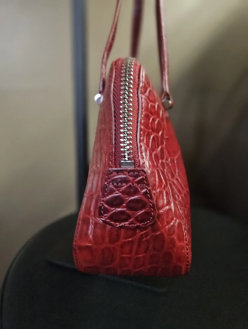 Vintage Monsac Croc-Embossed Italian Leather Baguette Handbag- Cherry Red - Picture 3 of 12